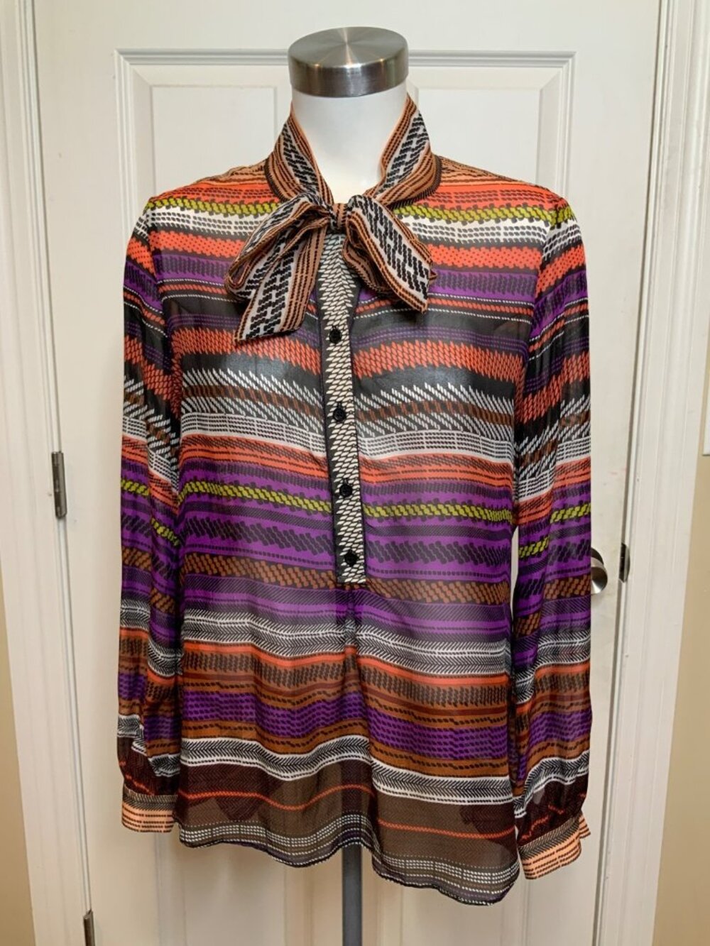 Hale Bob Multicolor Silk 100% Geometric Button-Up Blouse W/Neck Tie Size S